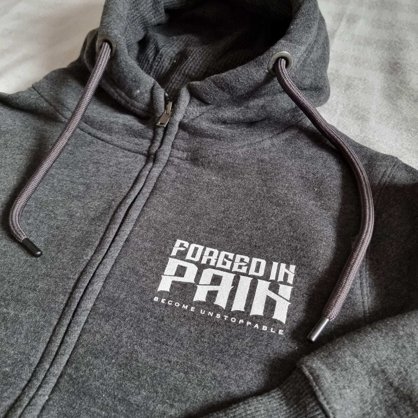 Charcoal Ultimate Supersoft "FORGED IN PAIN" - Zip through Hoodie